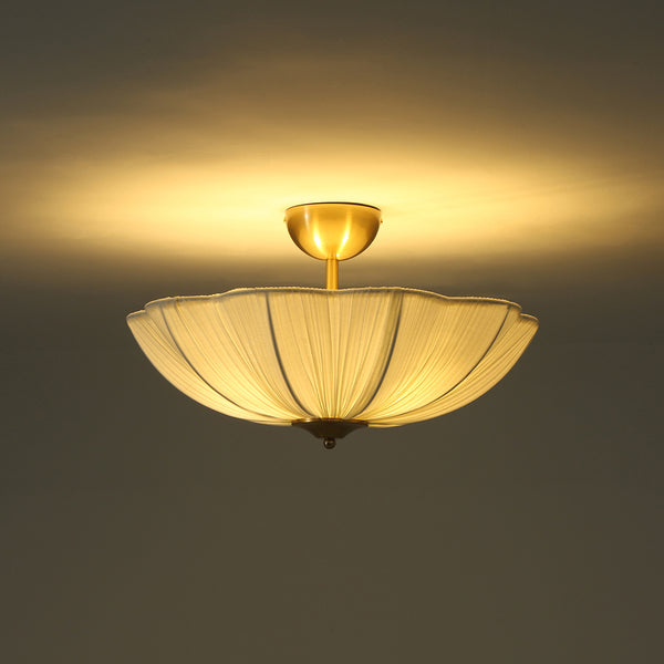 Cream 3-Light Ethereal Pleat Blooming Flower Fabric Semi-Flush Ceiling Light