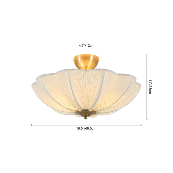 Cream 3-Light Ethereal Pleat Blooming Flower Fabric Semi-Flush Ceiling Light