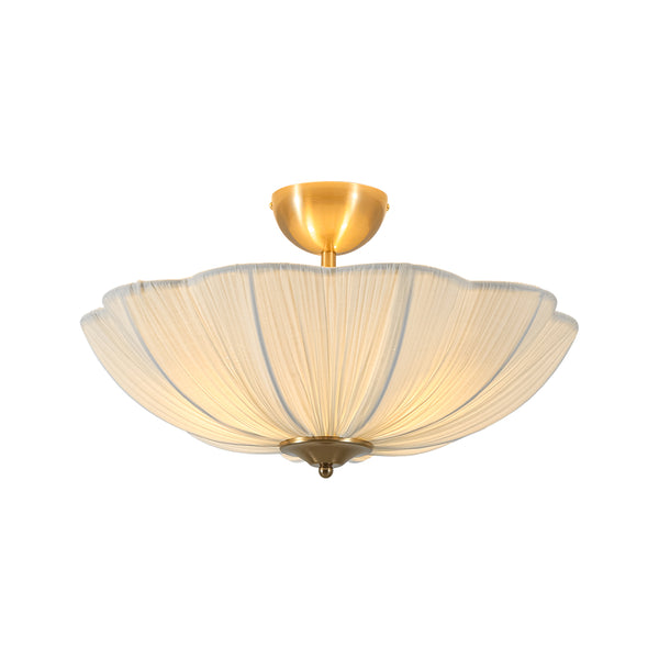 Cream 3-Light Ethereal Pleat Blooming Flower Fabric Semi-Flush Ceiling Light