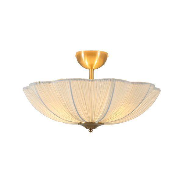 Cream 3-Light Ethereal Pleat Blooming Flower Fabric Semi-Flush Ceiling Light
