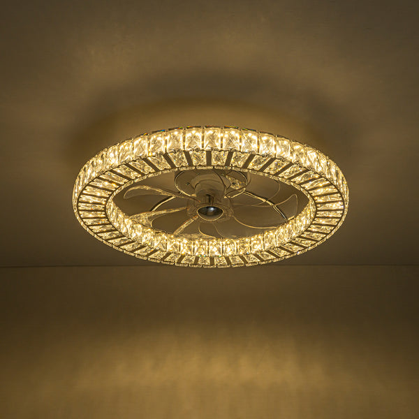 Minimalist Dimmable LED 2-In-1 Ring Flush Mount Crystal Fan Ceiling Light