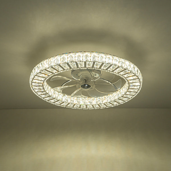 Minimalist Dimmable LED 2-In-1 Ring Flush Mount Crystal Fan Ceiling Light
