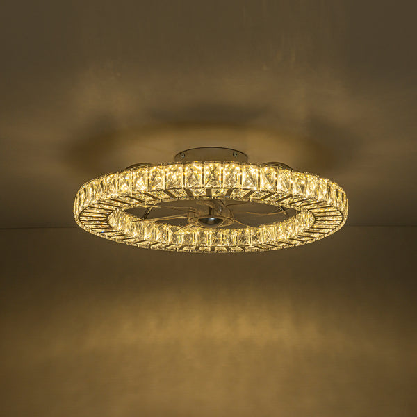 Minimalist Dimmable LED 2-In-1 Ring Flush Mount Crystal Fan Ceiling Light
