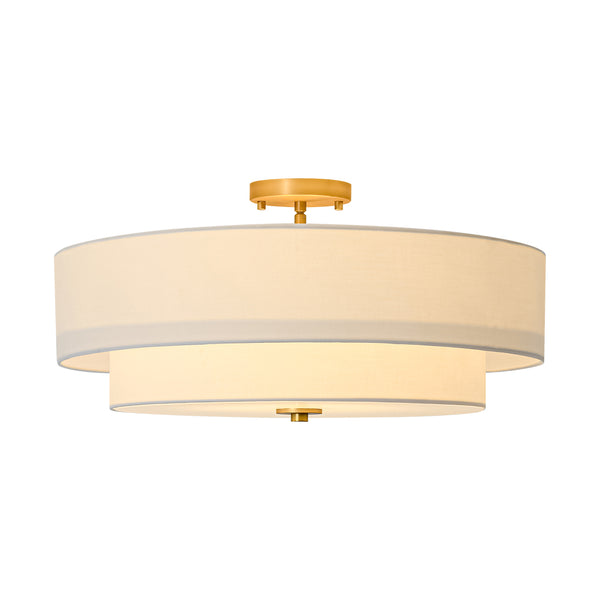 Modern Double Layer Concentric Linen Fabric Round Semi Flush Mount