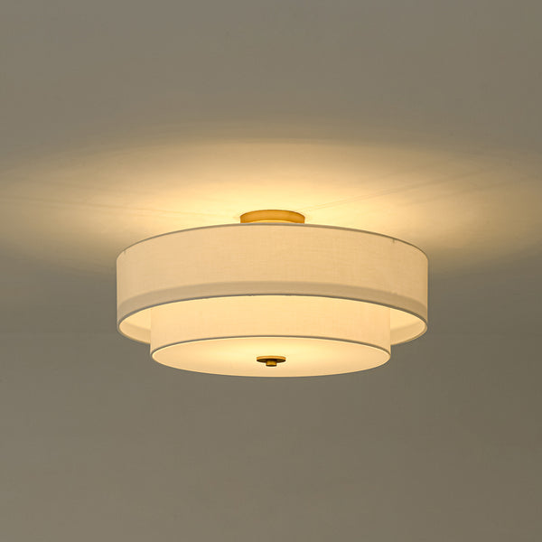 Modern Double Layer Concentric Linen Fabric Round Semi Flush Mount