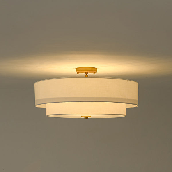 Modern Double Layer Concentric Linen Fabric Round Semi Flush Mount