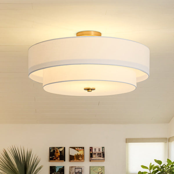 Modern Double Layer Concentric Linen Fabric Round Semi Flush Mount
