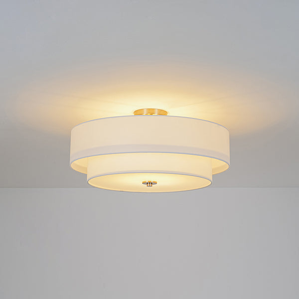 Modern Double Layer Concentric Linen Fabric Round Semi Flush Mount
