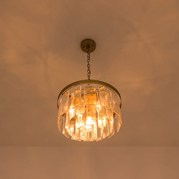 Modern 5-Light Ice-Patterned Rectangular Glass Round Convertible Design Chandelier