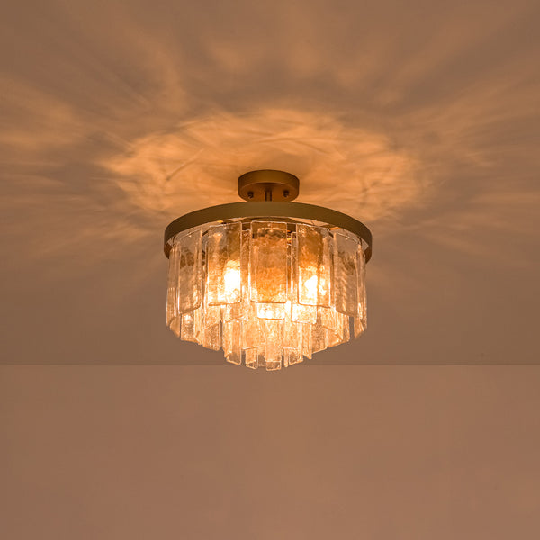 Modern 5-Light Ice-Patterned Rectangular Glass Round Convertible Design Chandelier