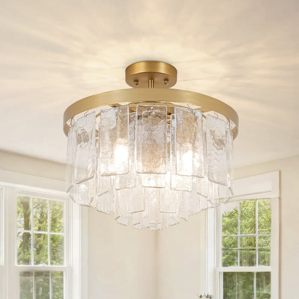 Modern 5-Light Ice-Patterned Rectangular Glass Round Convertible Design Chandelier