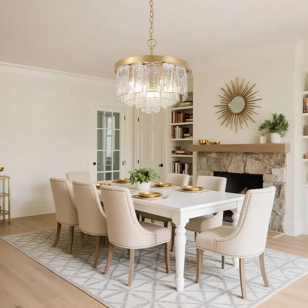 Modern 5-Light Ice-Patterned Rectangular Glass Round Convertible Design Chandelier