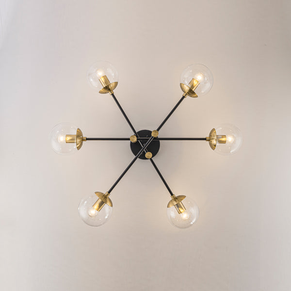 Luminaire suspendu moderne à 6 lumières, globe en verre à bulles et fer, style Sputnik.