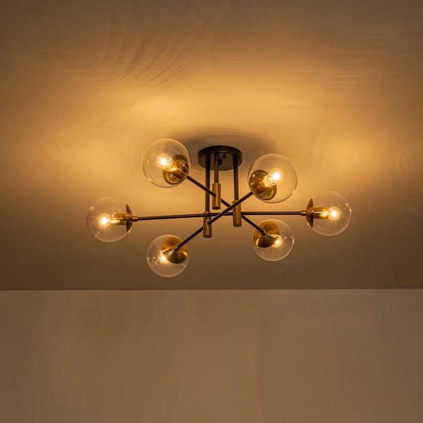 Luminaire suspendu moderne à 6 lumières, globe en verre à bulles et fer, style Sputnik.