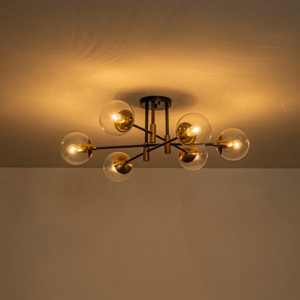 Luminaire suspendu moderne à 6 lumières, globe en verre à bulles et fer, style Sputnik.
