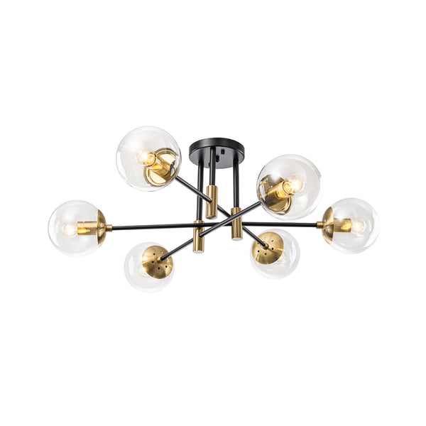 Luminaire suspendu moderne à 6 lumières, globe en verre à bulles et fer, style Sputnik.