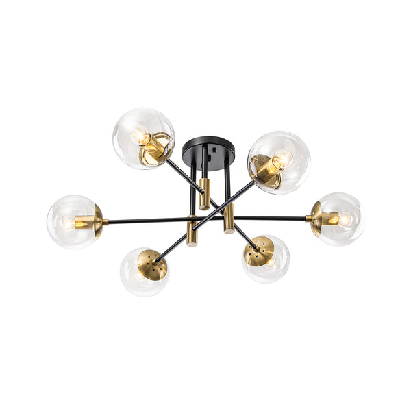 Luminaire suspendu moderne à 6 lumières, globe en verre à bulles et fer, style Sputnik.