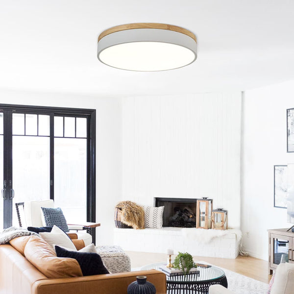 Natural Wood Trim Dimmable LED Round Flush Ceiling Light