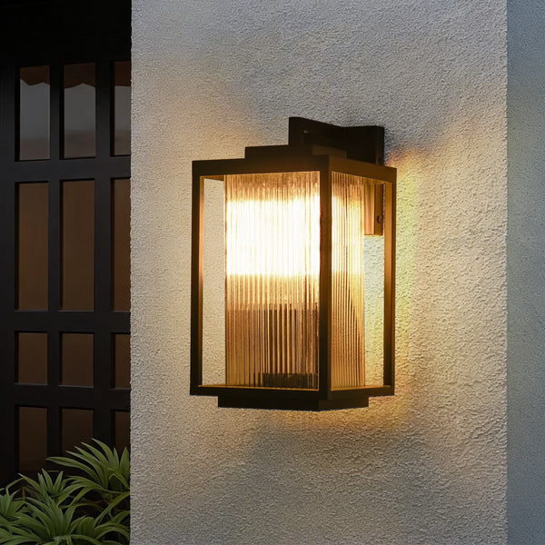 Outdoor IP23 Square Lantern Ribbed Clear Glass Wall Sconce with Auto Light Sensor