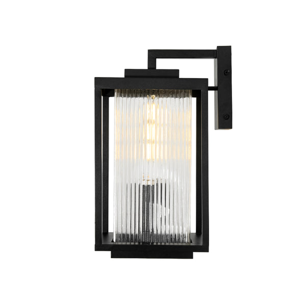 Outdoor IP23 Square Lantern Ribbed Clear Glass Wall Sconce with Auto Light Sensor