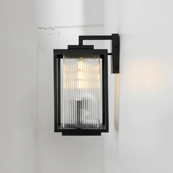 Outdoor IP23 Square Lantern Ribbed Clear Glass Wall Sconce with Auto Light Sensor