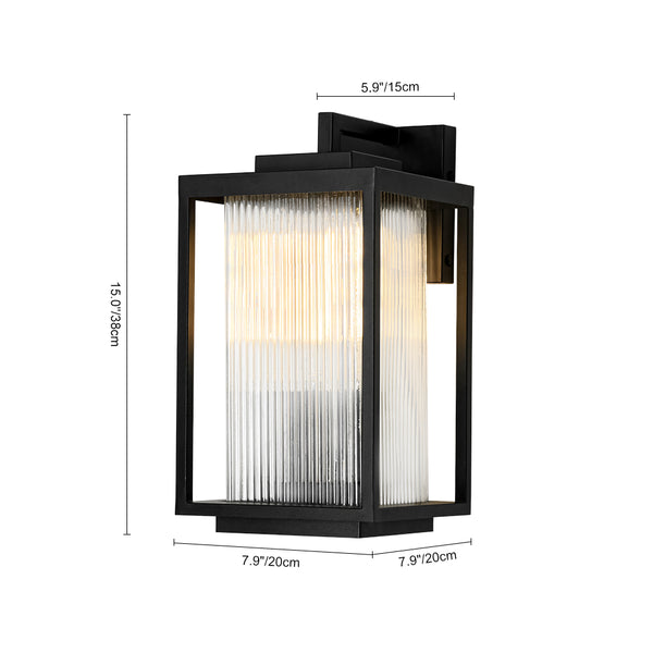 Outdoor IP23 Square Lantern Ribbed Clear Glass Wall Sconce with Auto Light Sensor