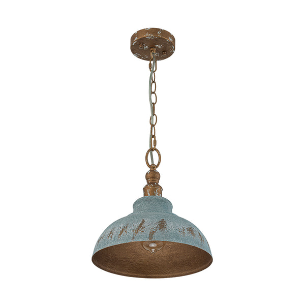 Rustic Aged Patina Iron Peacock Blue Dome Pendant Light