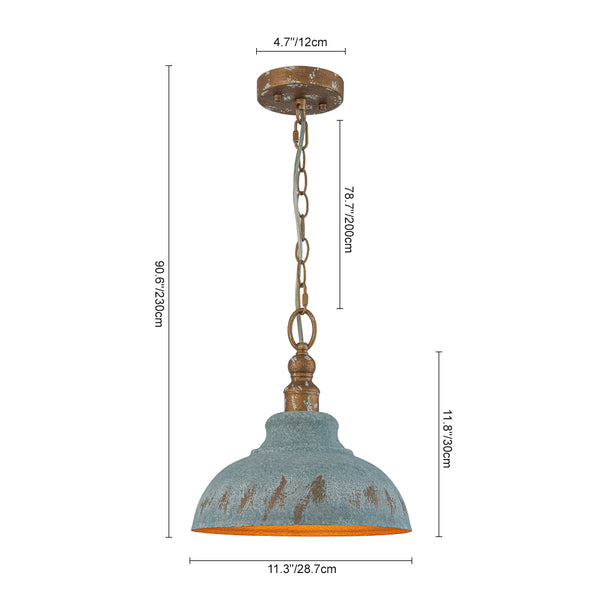 Rustic Aged Patina Iron Peacock Blue Dome Pendant Light