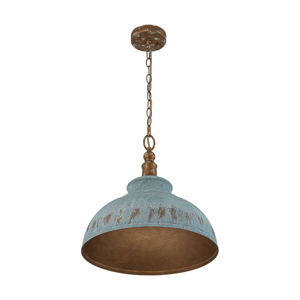 Rustic Aged Patina Iron Peacock Blue Dome Pendant Light