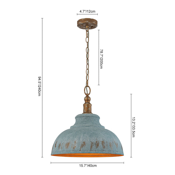 Rustic Aged Patina Iron Peacock Blue Dome Pendant Light
