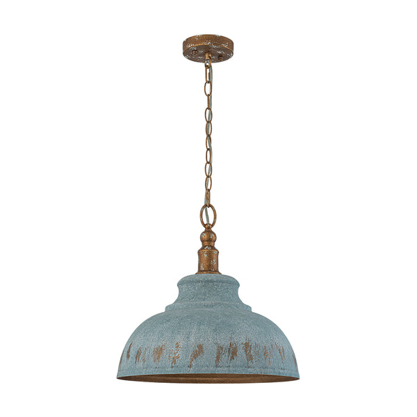 Rustic Aged Patina Iron Peacock Blue Dome Pendant Light
