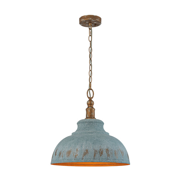 Rustic Aged Patina Iron Peacock Blue Dome Pendant Light