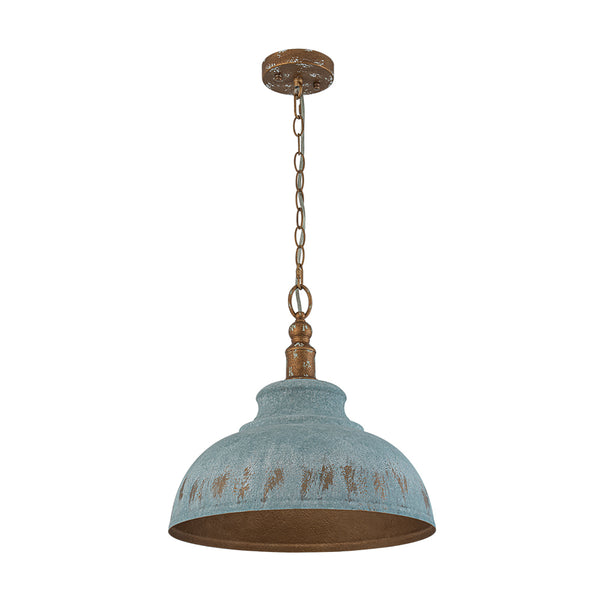 Rustic Aged Patina Iron Peacock Blue Dome Pendant Light