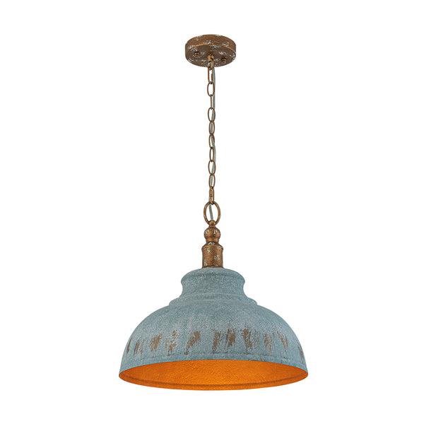 Rustic Aged Patina Iron Peacock Blue Dome Pendant Light