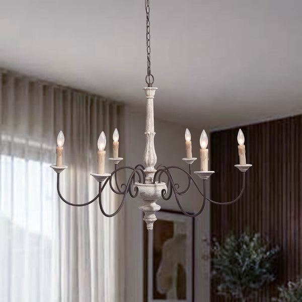 Lustre Shabby Chic 6 lumières en bois vieilli style bougie