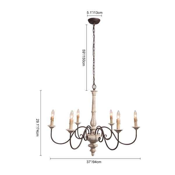 Lustre Shabby Chic 6 lumières en bois vieilli style bougie