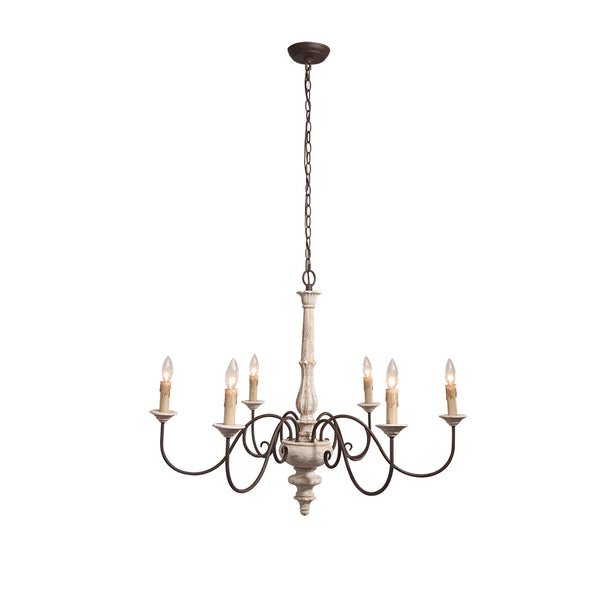 Lustre Shabby Chic 6 lumières en bois vieilli style bougie