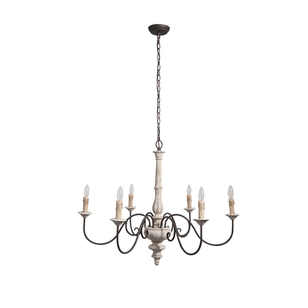 Lustre Shabby Chic 6 lumières en bois vieilli style bougie