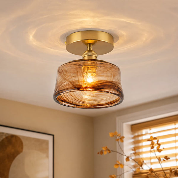 Vintage Retro Smoky Swirl Amber Glass Semi-Flush Ceiling Light