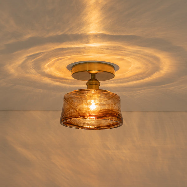 Vintage Retro Smoky Swirl Amber Glass Semi-Flush Ceiling Light