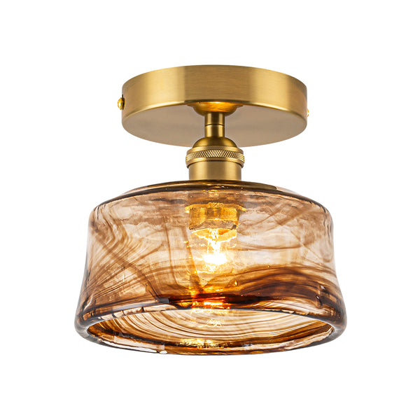 Vintage Retro Smoky Swirl Amber Glass Semi-Flush Ceiling Light