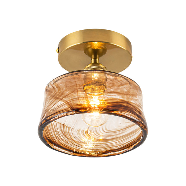 Vintage Retro Smoky Swirl Amber Glass Semi-Flush Ceiling Light