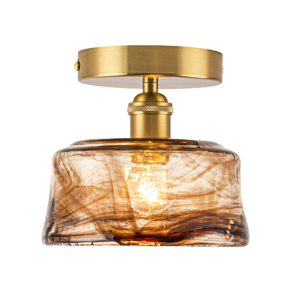 Vintage Retro Smoky Swirl Amber Glass Semi-Flush Ceiling Light