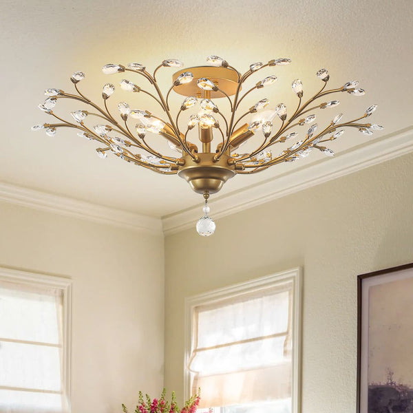 Art Deco Vintage 5 - Light Flower Basket Crystal Semi Flush Mount Ceiling Light - Yiilighting