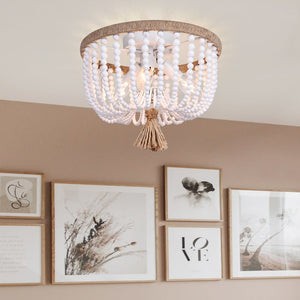 Coastal Wood Beaded Flush Mount Ceiling Light - Yiilighting