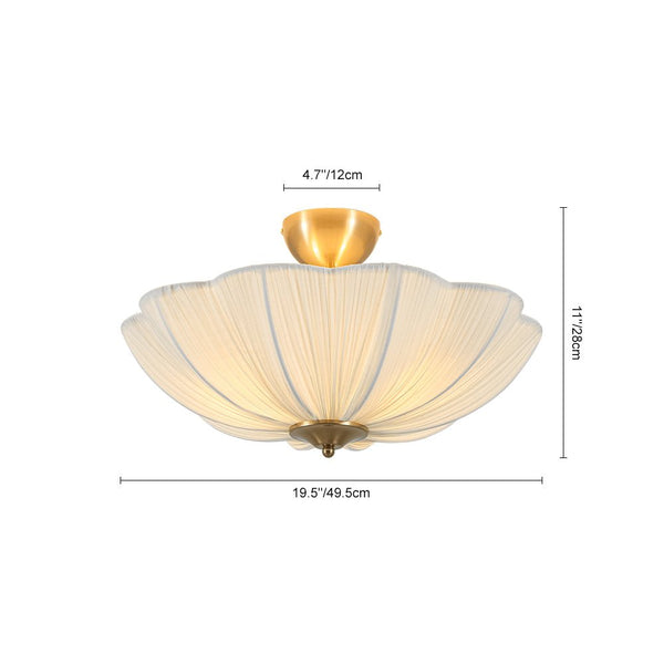 Cream 3-Light Ethereal Pleat Blooming Flower Fabric Semi-Flush Ceiling Light - Yiilighting