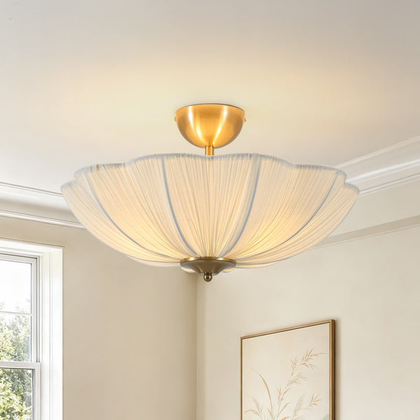 Cream 3-Light Ethereal Pleat Blooming Flower Fabric Semi-Flush Ceiling Light - Yiilighting