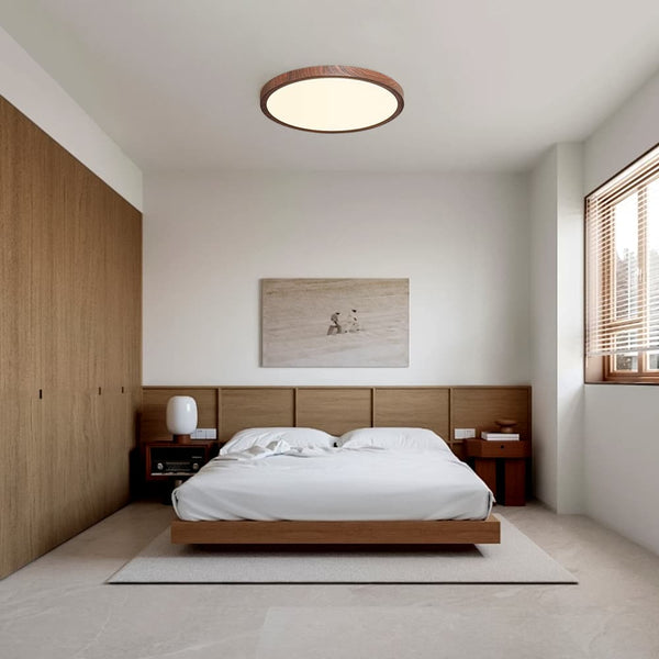 Mid - Century Minimalist Walnut Wood Grain Dimmable LED Flush Mount - Yiilighting