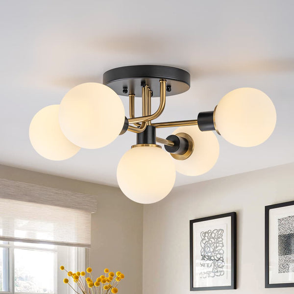 Mid Century Modern 5 - Light Milk Glass Globe Two - Toned Ceiling Light - Yiilighting