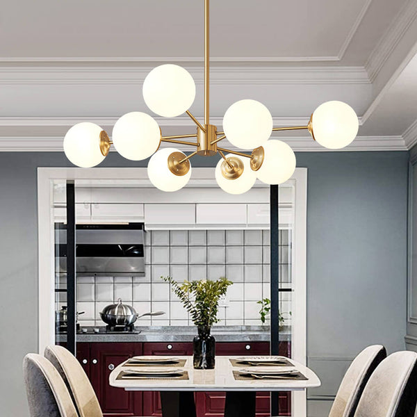 Elevate the aesthetic of your home with this expensive -looking mid-century chandelier, coming with 3 sizes to choose from. With its brass finish, it gives off an elegant and sophisticated vibe that adds charm to any room. It has opal glass shades which give a touch of elegance and classy style to whatever space you choose for it. Its Sputnik design is also kept intact in this indoor lighting fixture, making it perfect for dining room, living room, bedroom, or restaurant.